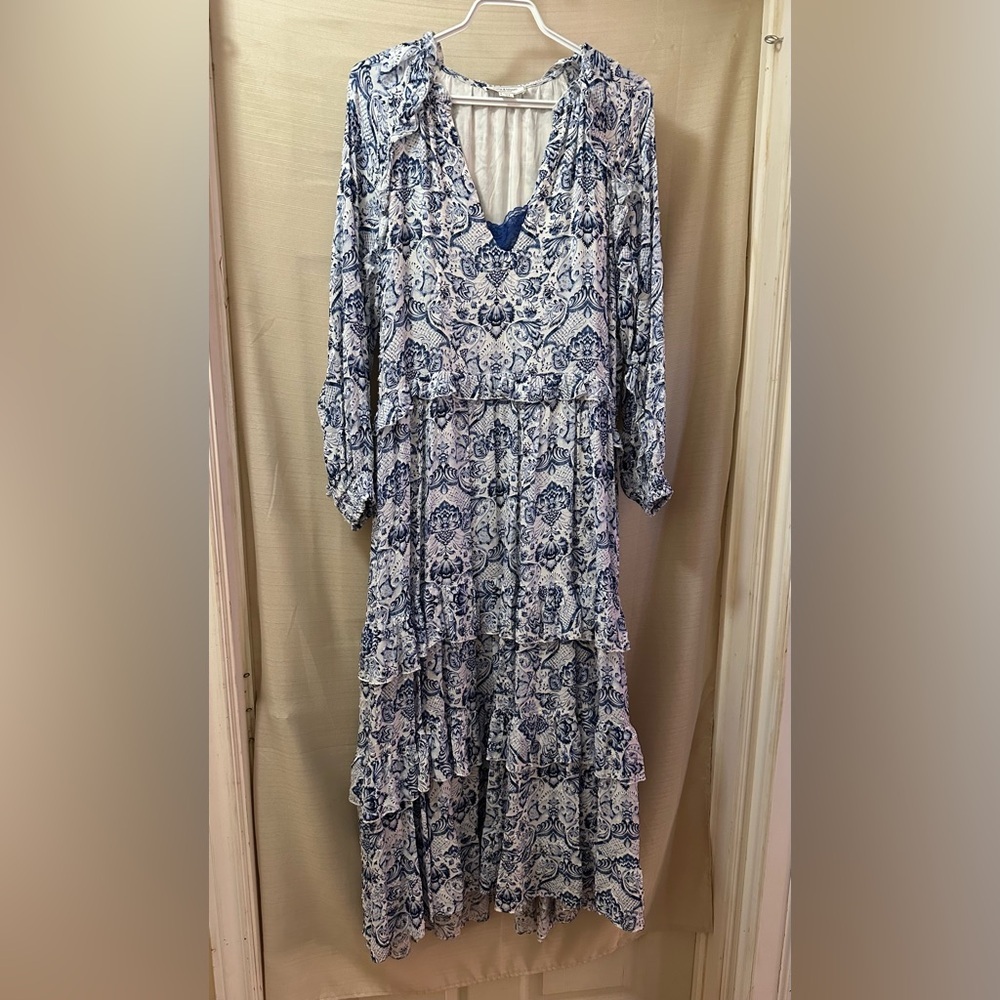 Belle & Bloom Blue & White Boho Tiered Maxi Dress L/XL